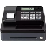 Casio PCR-T273 electronic cash register runs at 120V, supplies 50 / 60Hz and requires battery backup for memory