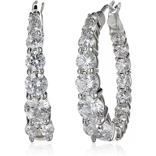 Platinum Or Gold-plated Sterling Silver Swarovski Zirconia Graduated Hoop Earrings, 1" Diameter