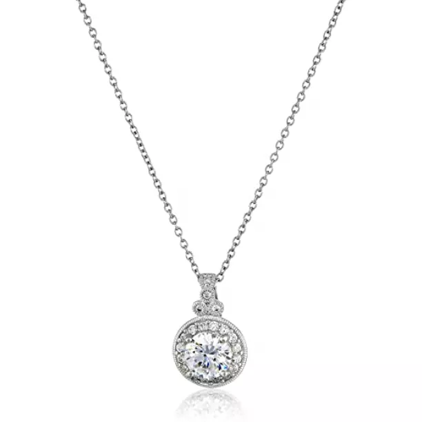 Platinum-plated Sterling Silver Swarovski Zirconia Round-cut Antique Pendant Necklace, 18"