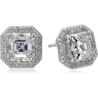 Platinum or Gold-Plated Sterling Silver Swarovski Zirconia Asscher-Cut Halo Earrings (1 cttw)