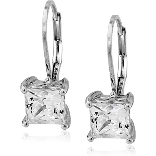 Platinum Or Gold Plated Sterling Silver Princess Cut Leverback Earring..