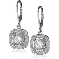 Sterling Silver Cubic Zirconia Round-Cut Halo Drop Leverback Earrings (3 cttw)