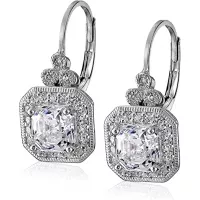 Platinum or Gold-Plated Sterling Silver Swarovski Zirconia Asscher-Cut Antique Drop Earrings