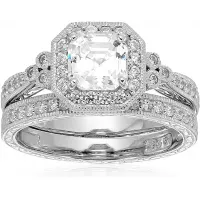 Platinum-Plated Sterling Silver Antique Ring set with Asscher-Cut Swarovski Zirconia, Size 5