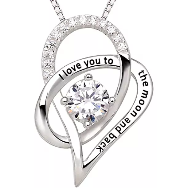Alov Sterling Silver Heart-shaped Pendant Necklace With The Phrase "i Love You To The Moon And Back"