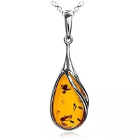 Certificate Genuine Amber Sterling Silver Drop Classic Pendant Necklace Chain 18"