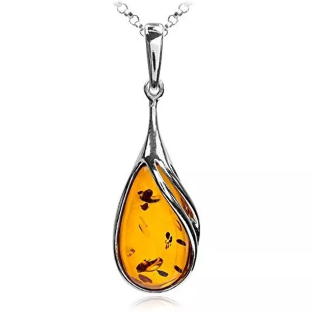 Certificate Genuine Amber Sterling Silver Drop Classic Pendant Necklace Chain 18"