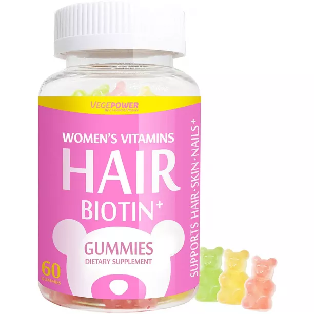Vegepower Hair Vitamin Gummies-biotin 10,000 Mcg Vitamin C & E For Healthy Hair, Skin & Nails-vegan, Pectin-based, Non-gmo-bear Gummy For Stronger, Beautiful Hair-3 Natural Fruit Flavors