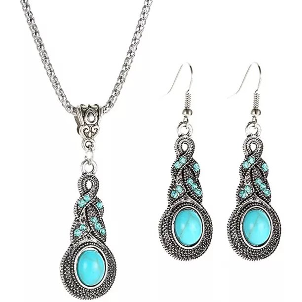 Vitaltyextracts Water Drop Shaped Bohemian National Style Turquoise Alloy Necklace And Earrings Set (silver)
