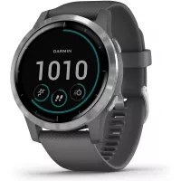 Garmin vivoactive 4, GPS Smartwatch, Features Music, Body Energy Monitoring, Animated Workouts, Pulse Ox Sensors and More, Silver with Gray Band