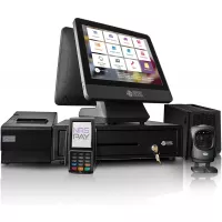 POS system with touch screen monitor, customer contact screen, barcode scanner, cash drawer, receipt printer and UPS battery backup