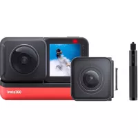 Insta360 One R Cámara de acción deportiva con adaptador de vídeo (doble edición) con lente gran angular de 4 K 5,7 K estabilización de lente dual 360 impermeable, viene con 64 GB Micro SD, palo selfie invisible