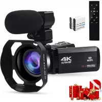 4k Camcorders Video Camera for YouTube, Ultra HD 4K 48MP Camera IPS Touch Screen IR Night Shot Digital Camera with Microphone, WiFi, 2.4 G Remote, Lens Hood, 2 Battery, Cattery Charger
