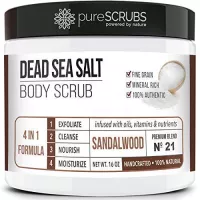 pureSCRUBS Premium Organic Body Scrub Set - Large 16oz SANDALWOOD BODY SCRUB - Dead Sea Salt Infused Organic Essential Oils & Nutrients INCLUDES Wooden Spoon, Loofah & Mini Organic Exfoliating Bar Soap