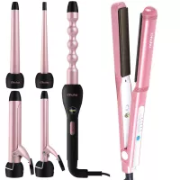 5 in 1 Curling Iron Wand Set with LCD Temperature Display, Ohuhu Instant Heat Up Hair Curler+ Hair Straightener Flat Iron, 1 Inch Tourmaline Ceramic Straightener and Curling 2 in 1 Flat Iron