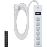 GE 6-Outlet Surge Protector, 10 Ft Extension Cord, Power Strip, 800 Joules, Flat Plug, Twist-to-Close Safety Covers, UL Listed, White, 14092