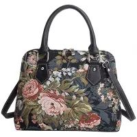 Signare Tapestry Handbag Satchel Bag Shoulder bag and Crossbody Bag and Purse for women with Peony Flower in Black (CONV-PEO)