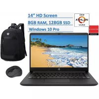 2020 HP Premium 14 inch HD Laptop, AMD Athlon Silver 3050U (Beat i5-7200U), up to 3.2GHz, 8GB RAM, 128GB SSD, Jet Black Color, HDMI, Webcam, WiFi, Windows 10 Pro, Computer Backpack & Mouse Bundle