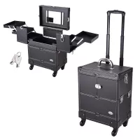 AW Black Rolling Makeup Train Case Artist Beauty Trolley Cosmetic Organizer Box Handle Mirror 4 360-degreed Wheels