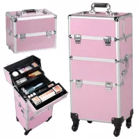Radical Cast 2 Wheels 3 in 1 Professional Multi Function Artist Rolling Trolley, Beauty, Cosmetic Organizer Case with Shoulder Straps (Pink)