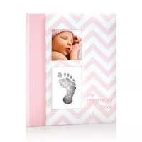 Pearhead First 5 Years Chevron Baby Memory Book with Clean-Touch Baby Safe Ink Pad to Make Baby's Hand or Footprint Included, Pink