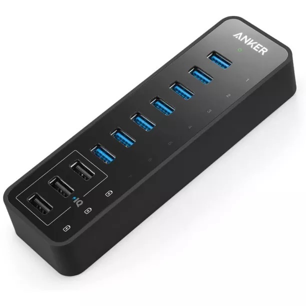 Anker 10 Port 60w Data Hub With 7 Usb 3.0 Ports And 3 Poweriq Charging Ports For Macbook, Mac Pro/mini, Imac, Xps, Surface Pro, Iphone 7, 6s Plus, Ipad Air 2, Galaxy Series, Mobile Hdd, And More