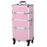 Yaheetech 3 in 1 Aluminum Rolling Makeup Case Extra Large Cosmetic Train Case Big Trolley Organizer Case Pink
