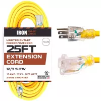 25 Foot Lighted Outdoor Extension Cord - 12/3 SJTW Heavy Duty Yellow Extension Cable Extension Cable with 3 Prong Grounded Plug for Safety - Great for Garden and Major Appliances