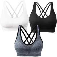 AKAMC 3 Pack Women's Medium Support Cross Back Wirefree Removable Cups Yoga Sport Bra