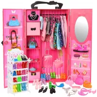 BARWA Fashion Closet Wardrobe 73 Pcs Doll Accessories 16 Pack Doll Clothes 1 Shoes Rack 55 Pcs Different Shoes Hanger Crown Necklace Doll Accessories Xmas Gift