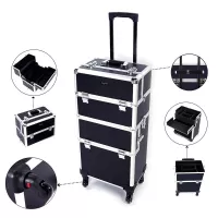 Mefeir 2-in-1 Rolling Makeup Train Case,4 Removable Travel Wheels w/ Lockable Keys +Shoulder Strap,Aluminum Cosmetic Trolley Cart Beauty Artist Organizer Stylist,Ideal Xmas New Year Gift(Black)