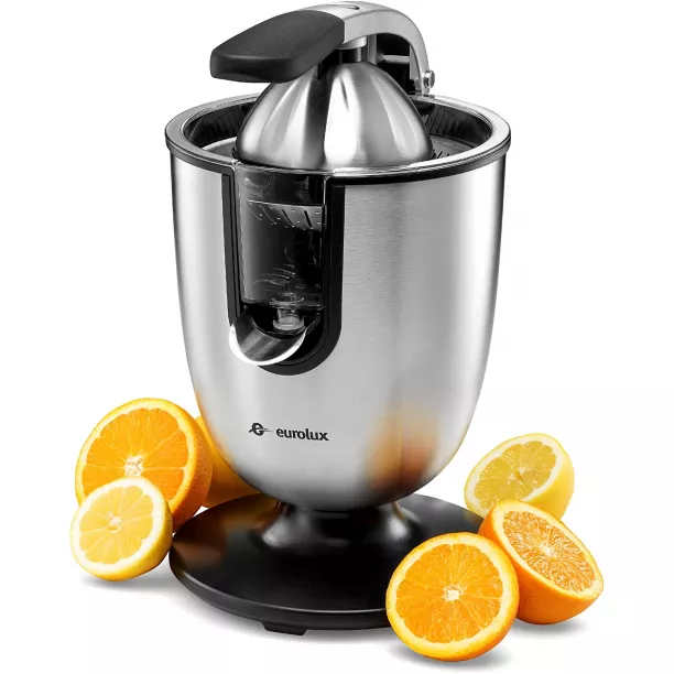 Eurolux electric orange juicer squeezer stainless steel 160 watts of sales power soft grip handle and cone lid for easy use