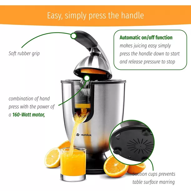 Eurolux ELCJ 1700 Electric Citrus Juicer Squeezer for Orange Lemon Grapefruit Stainless Steel 160 Watts of Power Soft Grip Handle and Cone Lid for Easy Use