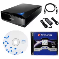 Asus 16x External Blu-ray Drive with BD Suite Disc, USB 3.0 Cable, Power Adapter and Cord (BW-16D1X-U) Bundle with 25GB Verbatim M-DISC BD-R