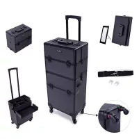 Mefeir 2-in-1 Rolling Makeup Train Case Lift Handle,4 Removable Wheels+W/Extra Bottom Lid+Shoulder Strap+Mirror,Lockable Travel Cosmetic Trolley Cart Artist Beauty Salon Organizer