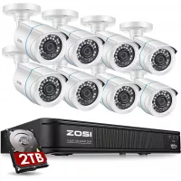 ZOSI 1080P H.265+ Home Security Camera System, 5MP Lite 8 Channel CCTV DVR Recorder with Hard Drive 2TB and 8 x 1080p Surveillance Bullet Camera Outdoor Indoor with 80ft Night Vision, Motion Alerts