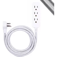 GE Designer Extension Cord With Surge Protection, Braided Power Cord, 8 ft, 3 Grounded Outlets, Flat Plug, Premium, UL Listed, Gray/White, 38433