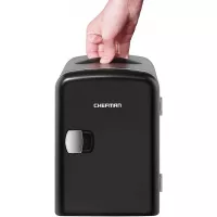 Chefman Mini Portable Black Personal Fridge Cools Or Heats and Provides Compact Storage For Skincare, Snacks, Or 6 12oz Cans W/A Lightweight 4-liter Capacity To Take On The Go