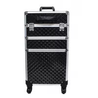 Royal Brands 3 in 1 Professional Rolling Makeup Cosmetics or Craft Train Box Organizer Box with Professional Artist Trolley Lift Lock Handle Black Diamond