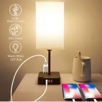 COZOO USB Bedside Table & Desk Lamp with 3 USB Charging Ports and 2 Outlets Power Strip,Black Charger Base with White Fabric Shade, LED Light for Bedroom/Nightstand/Living Room