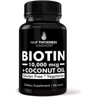 Biotin 10000mcg Vitamins with Organic Coconut Oil by Hair Thickness Maximizer. Hair Growth Vitamin Supplement for Men, Women. Made in USA. Combats Hair Loss and Thinning Hair. Vegetarian, Zero Gluten