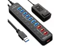 Apanage Powered Usb 3.0 Hub, 11 Ports Usb Hub Splitter (7 High Speed Data Transfer Ports + 4 Smart Charging Ports) With Individual On/off Switches And 48w Power Adapter For Mac Pro/mini, Pc, Hdd, Disk