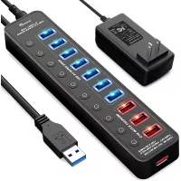 APANAGE Powered USB 3.0 Hub, 11 Ports USB Hub Splitter (7 High Speed Data Transfer Ports + 4 Smart Charging Ports) with Individual On/Off Switches and 48W Power Adapter for Mac Pro/mini, PC, HDD, Disk