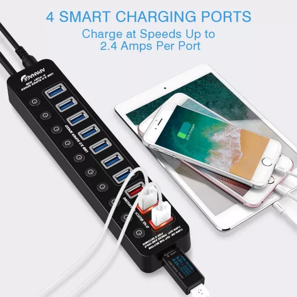 Powered USB Hub 3.0, Atolla 7-Port USB Data Hub Splitter with One Smart  Charging Port and Individual On/Off Switches and 5V/4A Power Adapter USB