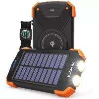 Solar Power Bank, Qi Portable Charger 10,000mAh External Battery Pack Type C Input Port Dual Flashlight, Compass, Solar Panel Charging (Orange)