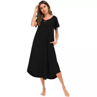 YOZLY Women Cotton Nightgown Knitted Long Sleepwear Soft V Neck Lounge Wear S-XXL