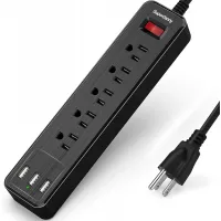 SUPERDANNY USB Surge Protector Power Strip Mountable Extension Cord Multiple Protection 5 Outlet 3 USB Port with Hook & Loop Fastener for iPhone iPad PC Home Office Travel Black