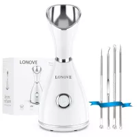 Facial Steamer - LONOVE Nano Ionic Face Steamer for Home Facial Warm Mist Humidifier Steamer for Face Sauna Spa Sinuses Moisturizing Cleansing Pores,Bonus Stainless Steel Skin Kit and Hair Band