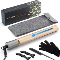 NITION Professional Salon Hair Straightener Argan Oil Tourmaline Ceramic Titanium Straightening Flat Iron for Healthy Styling,LCD 265°F-450°F,2-in-1 Curling Iron for All Hair Type,Gold,1 inch Plate