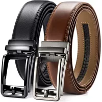 Leather Ratchet Dress Belt 2 Pack 1 3/8", Chaoren Click Adjustable Belt Comfort with Slide Buckle, Trim to Exact Fit